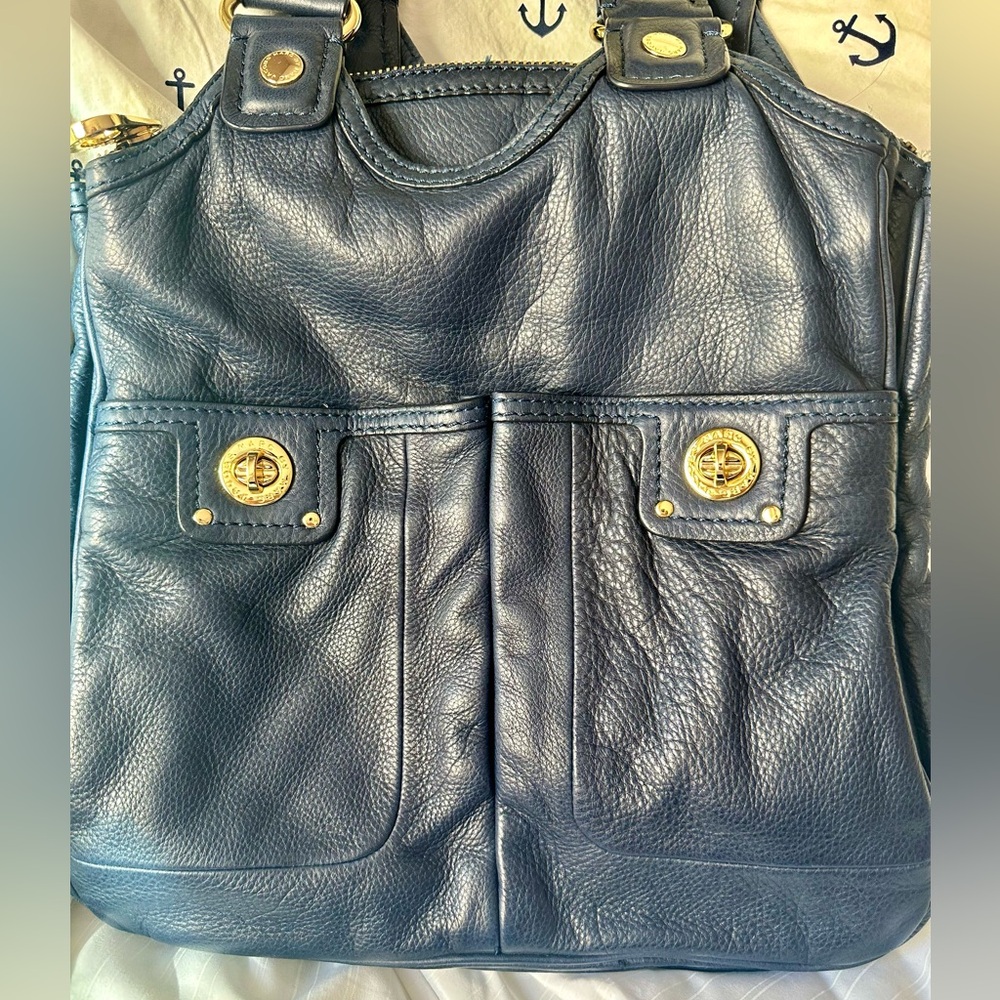 Marc Jacobs Handbag Navy Blue Pebble Leather Totally Turnlock Teri Tote Satchel - Picture 2 of 8